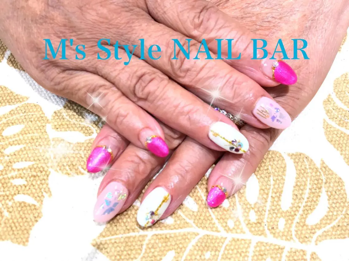 セミロング ネイル キラキラネイル ピンク ストーンネイル M's Style NAIL BARのネイルデザイン
