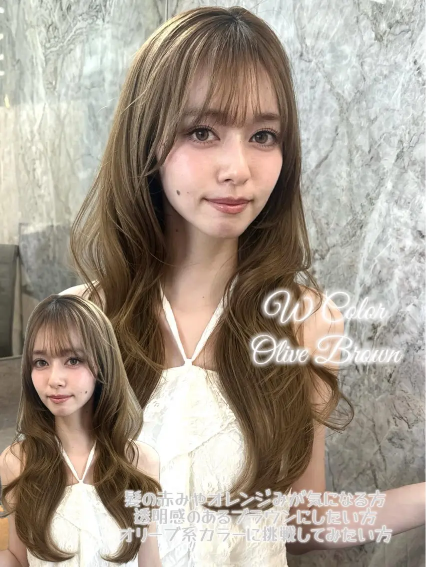 セミロング カラー ブリーチ ブラウンカラー ダブルカラー オリーブブラウン ヘアカラー トリートメント 🍑ももか🍑透明感 カラー/赤羽🎀のヘアスタイル