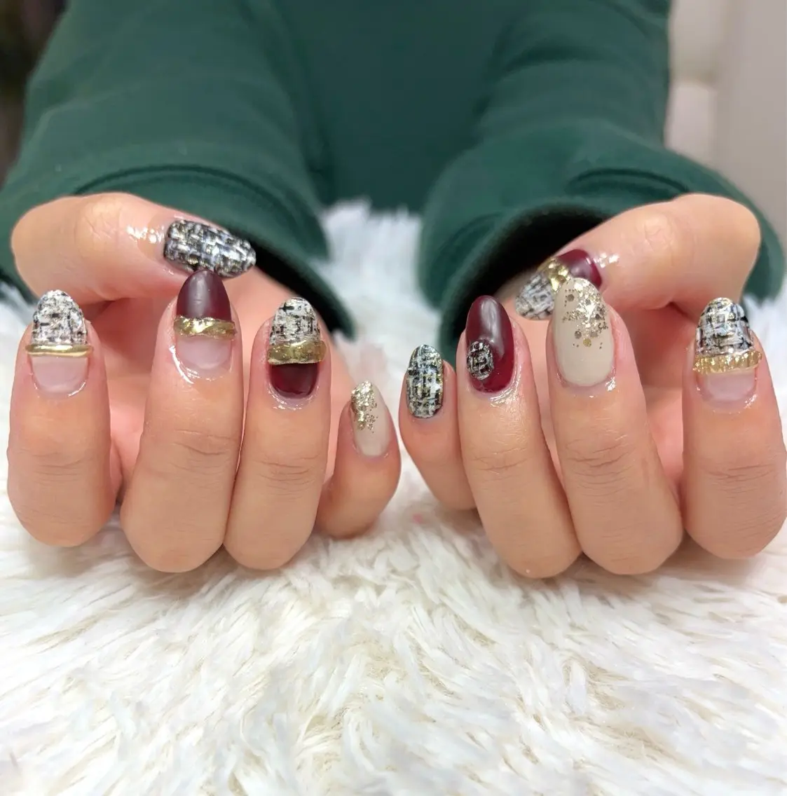 ネイル ボルドー ニュアンスネイル ツイードネイル 冬ネイル クリスマス ハンドネイル LUANA n'sのネイルデザイン