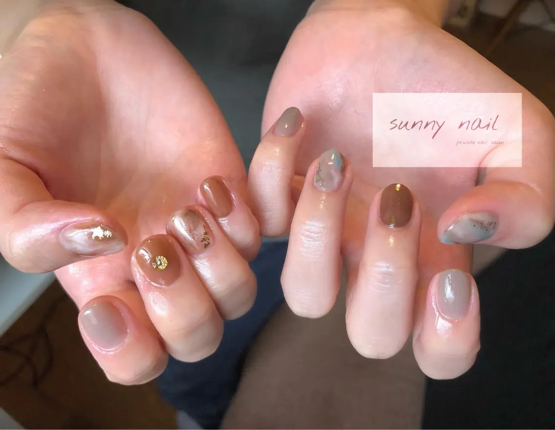 ネイル ブラウン ジェルネイル 大理石ネイル(マーブル) ニュアンスネイル パラジェル sunny nailのネイルデザイン