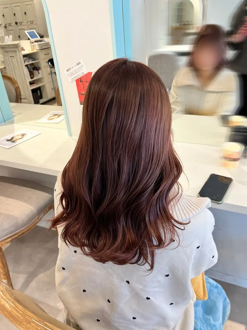 セミロング カラー ブリーチ ブラウンカラー ブリーチなしカラー ピンクカラー ピンクブラウン カット ヘアカラー トリートメント CreBiA🫧名駅 馬場のヘアスタイル