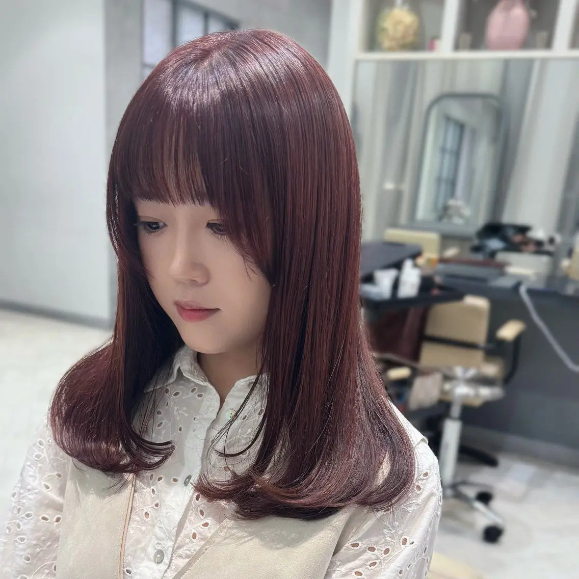 ミディアム カラー たぴ。ぱつっとボブ/ つや髪🍒髪質改善のヘアスタイル