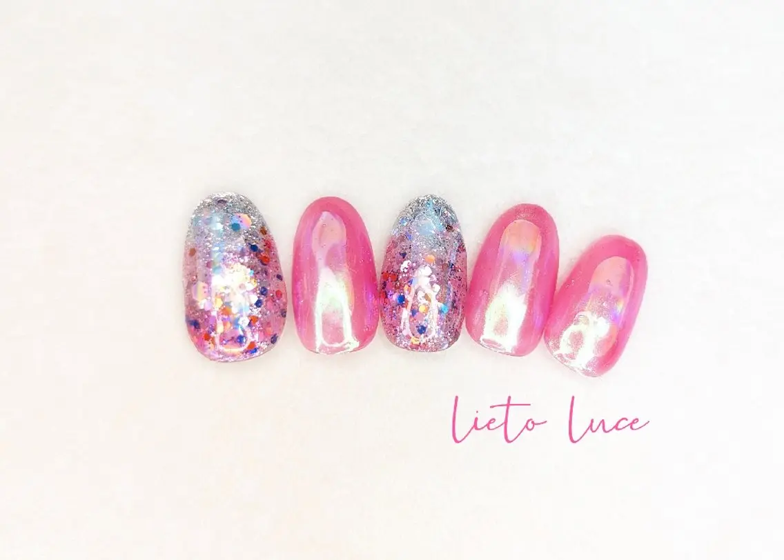 ネイル アートネイル 長さ出し ラメ(グリッター) ピンク スカルプネイル ハンドネイル フットネイル lieto luce Yukaのネイルデザイン