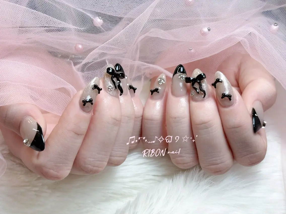 ネイル チークネイル 長さ出し フレンチネイル ジェルネイル グラデーション RIBON nail 高田馬場のネイルデザイン