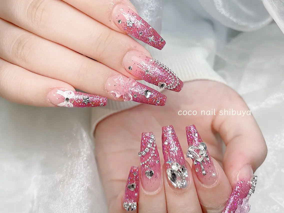 ネイル 成人式 大理石ネイル(マーブル) リボン 夏ネイル ネイルチップ ハンドネイル Mei Salon 長さ出し専門店のネイルデザイン