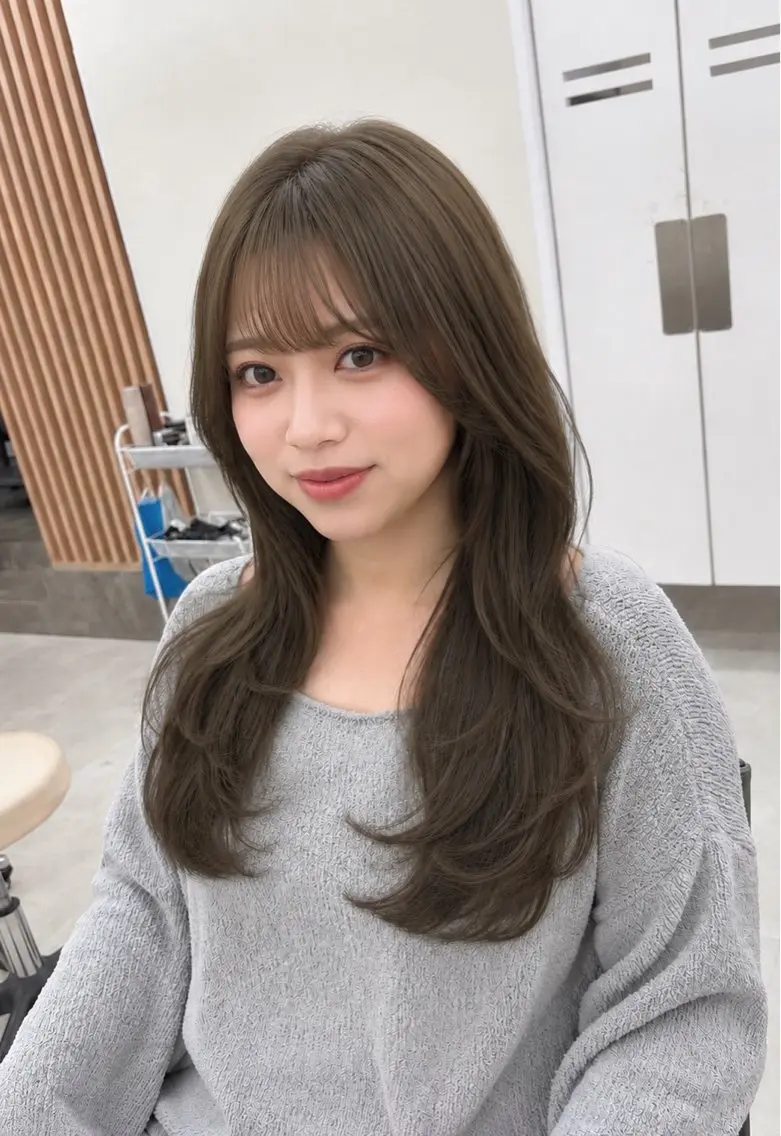 ロング カラー カット ヘアカラー トリートメント NaVIユウジ オリーブ/レイヤーのヘアスタイル