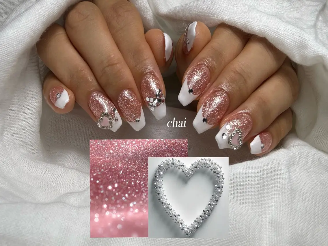 ネイル フラッシュネイル フレンチネイル ハート ラメ(グリッター) リボン ハンドネイル chai nail + eye📍鶴橋のネイルデザイン