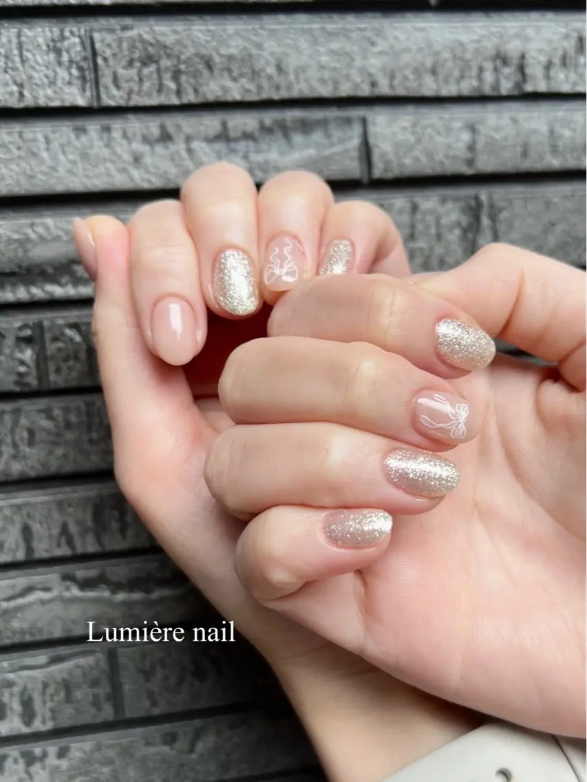 ネイル ラメ(グリッター) リボン ハンドネイル Lumière nail_RIKAのネイルデザイン