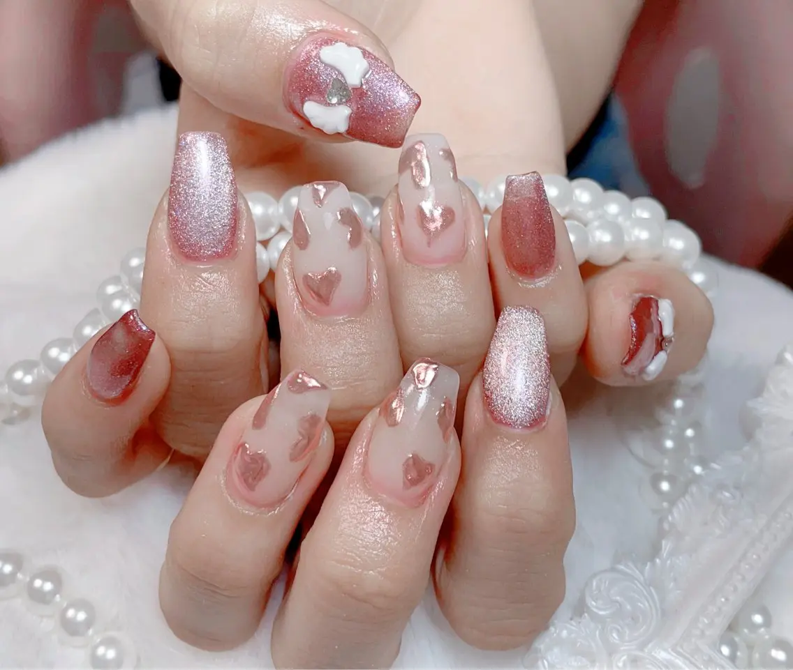 ネイル ハート マグネットネイル ミラーネイル B·U Nail大宮 長さだし専門店のネイルデザイン