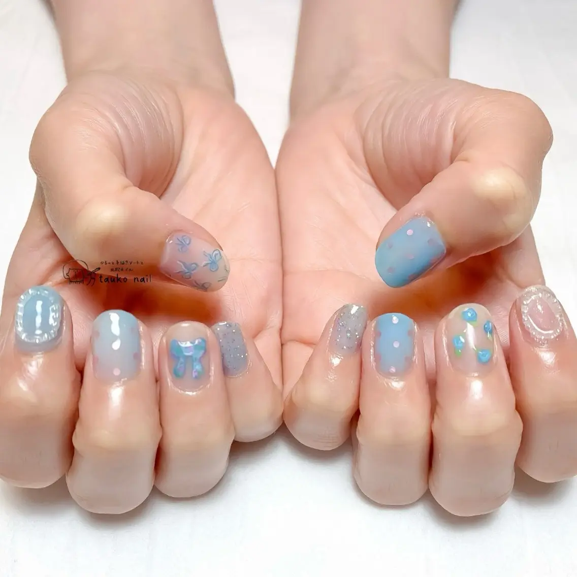 ネイル 水色 リボン ハンドネイル tauko nailのネイルデザイン