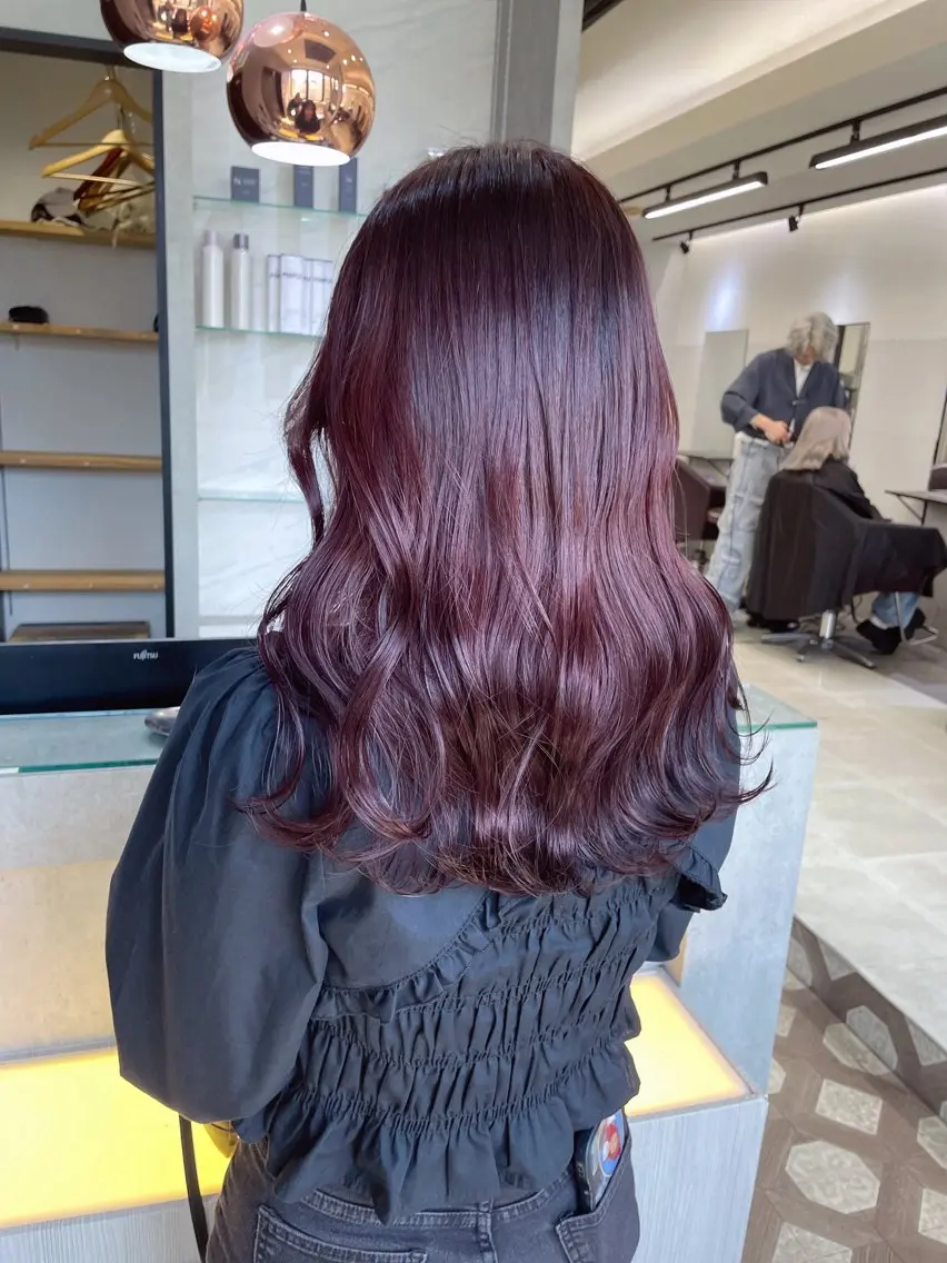 セミロング カラー カシス レッドカラー AIRI layer cut hairのヘアスタイル