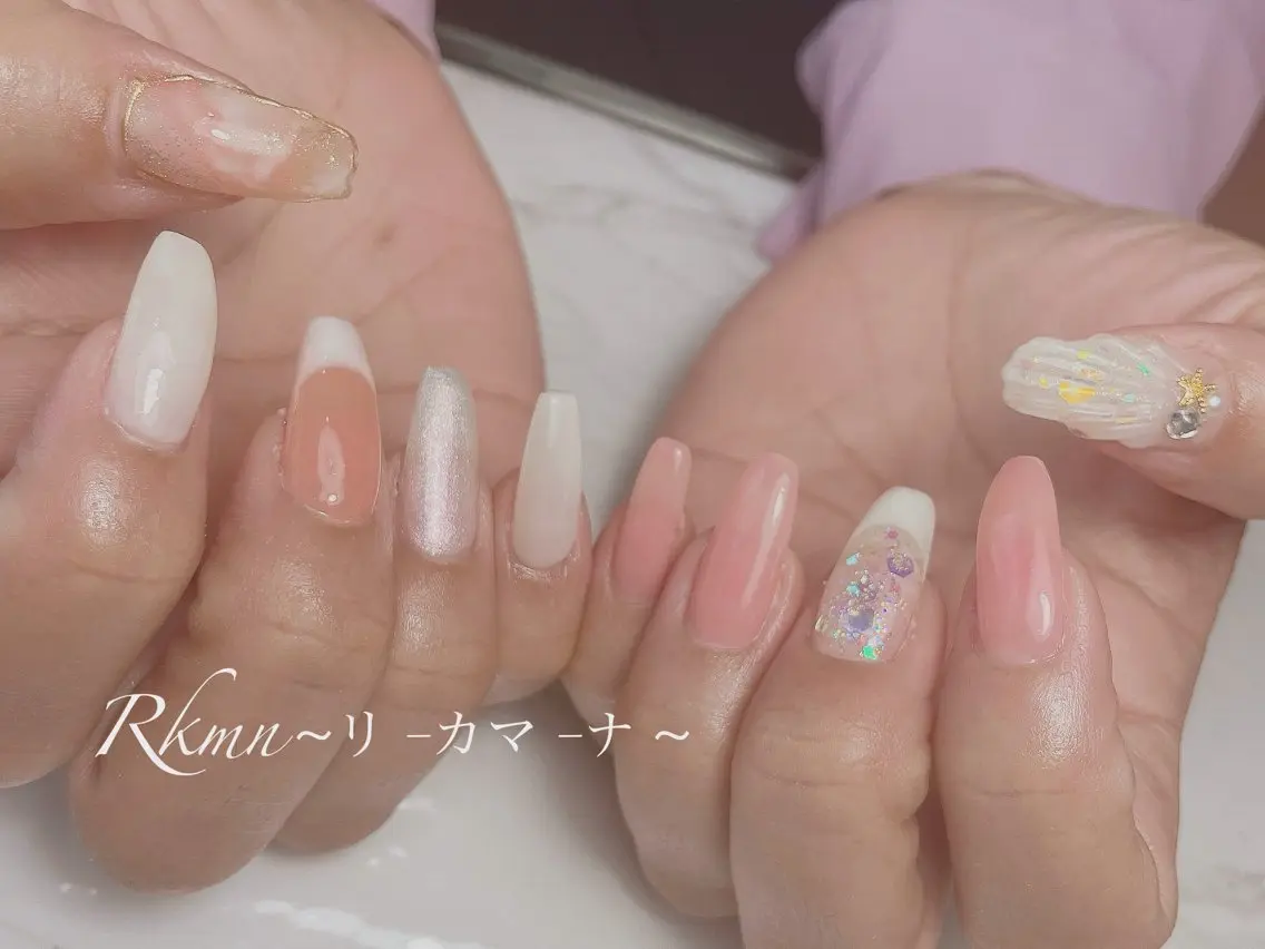 ネイル アートネイル フレンチネイル 大理石ネイル(マーブル) 春ネイル ハンドネイル フットネイル ハンドケア Rkmn ~リ-カマ-ナ~のネイルデザイン
