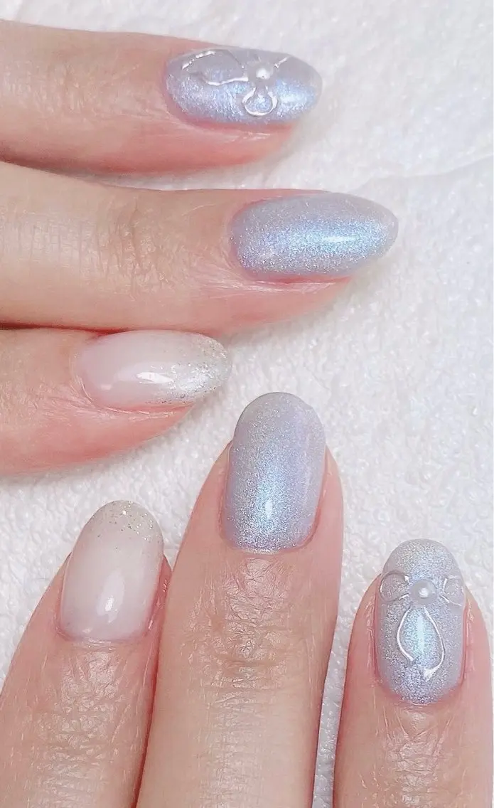 ネイル ラメ(グリッター) ラメグラデーション リボン ハンドネイル Nail Salon K 🧸美爪育成のネイルデザイン