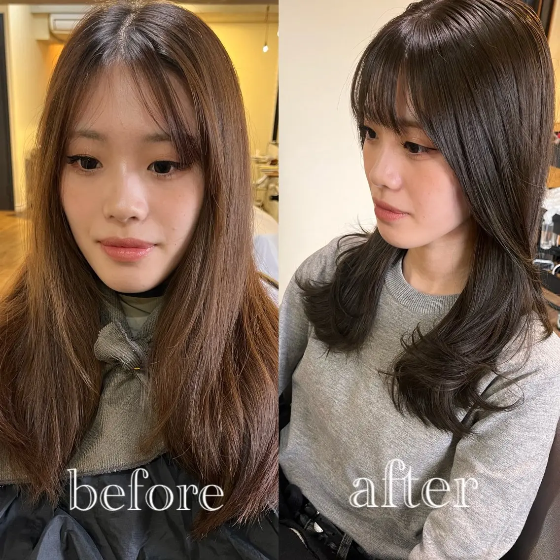 セミロング カラー 透明感カラー グレージュ くびれヘア 顔周りカット くびれレイヤー カット ヘアカラー ボブ/顔周りレイヤー carlm:上川美幸のヘアスタイル