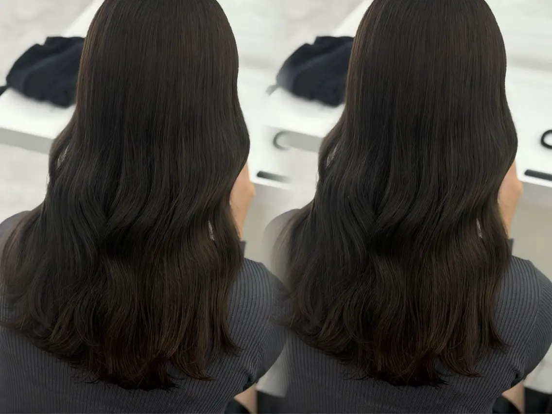 ロング ボブ 髪質改善 縮毛矯正 酸性ストレート カット ヘアカラー 顔まわりレイヤー/諒 オリーブカラー/天神のヘアスタイル