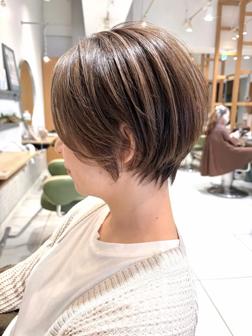 ショート カット ヘアカラー トリートメント 丸みショート/ ハイライトカラーのヘアスタイル