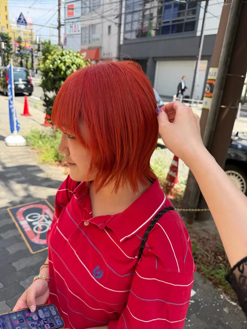 ミディアム カラー ボブレイヤー オレンジ ボブ レイヤーカット カット ヘアカラー Karin／ レイヤーブリーチ🥀のヘアスタイル