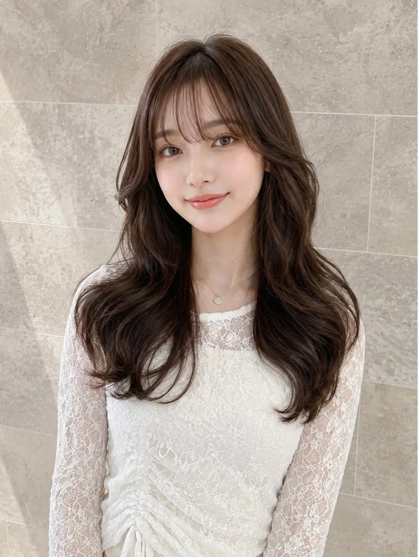 ロング ロングレイヤー 顔周りカット かきあげバング 韓国風ヘア レイヤーカット カット ヘアカラー 透明感カラー/韓国レ イヤー/宮下知也のヘアスタイル