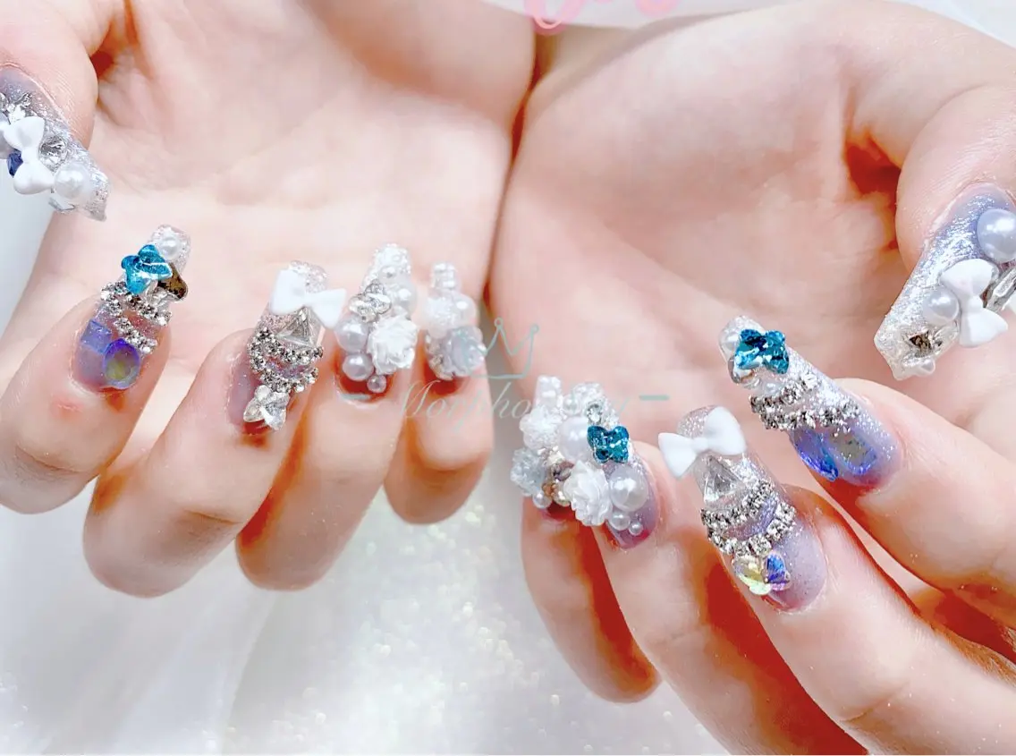 ネイル 長さ出し ジェルネイル キラキラネイル 大理石ネイル(マーブル) ニュアンスネイル ハンドネイル Morpho nailのネイルデザイン