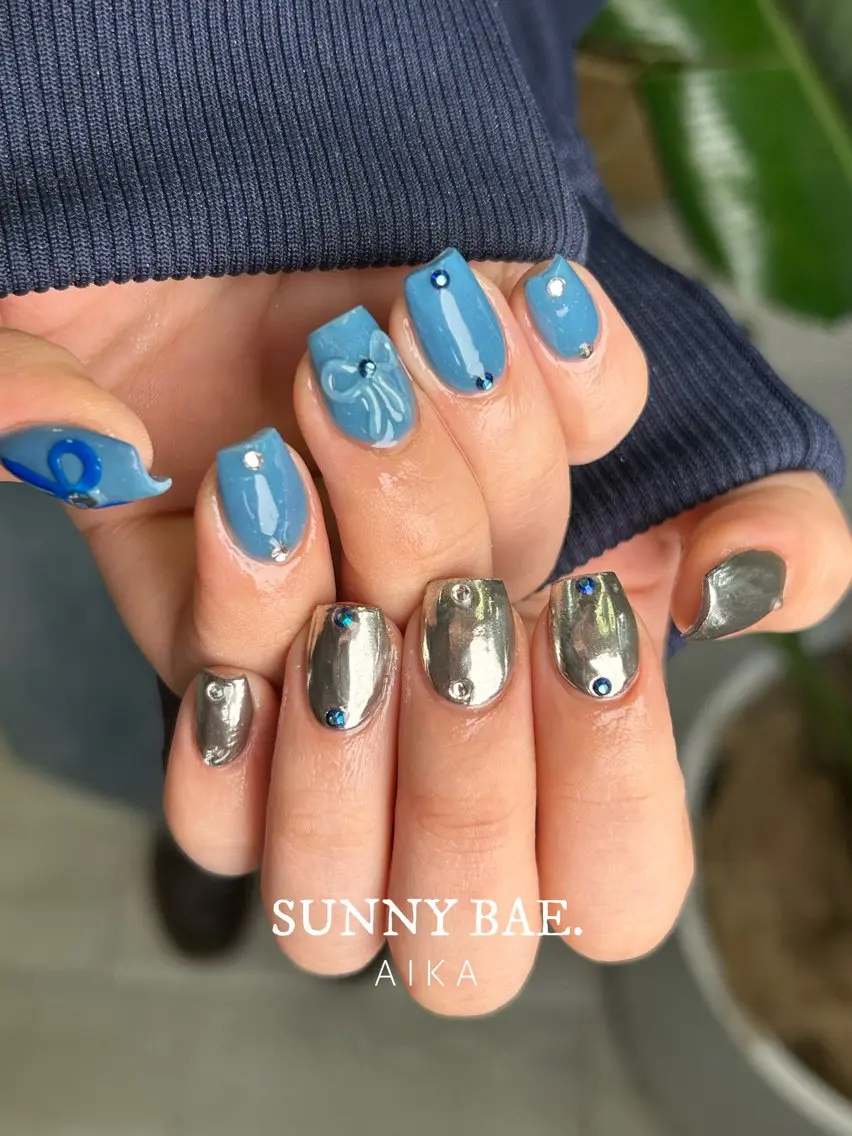ネイル ミラーネイル リボン スカルプネイル ショートネイル Made By AIKAのネイルデザイン