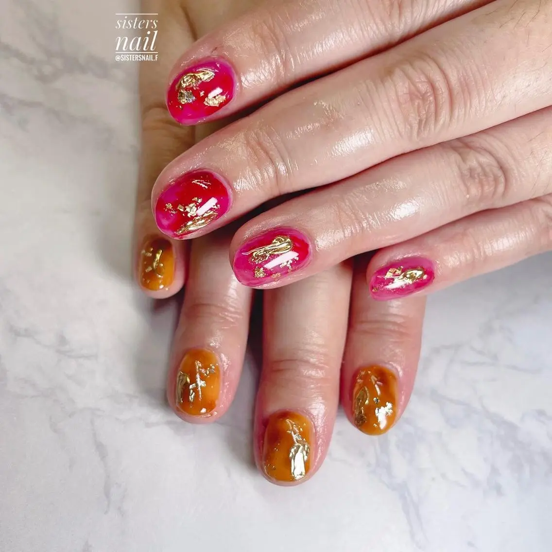 ネイル アートネイル べっ甲ネイル ミラーネイル ニュアンスネイル オレンジ sisters nail.fのネイルデザイン
