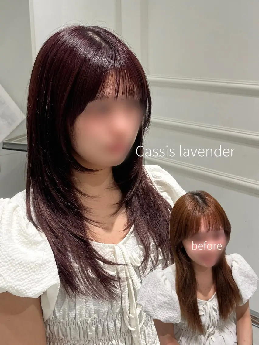 セミロング カラー ブリーチ カシス 透明感カラー ラベンダーカラー ブリーチなしカラー 橋本 七海のヘアスタイル