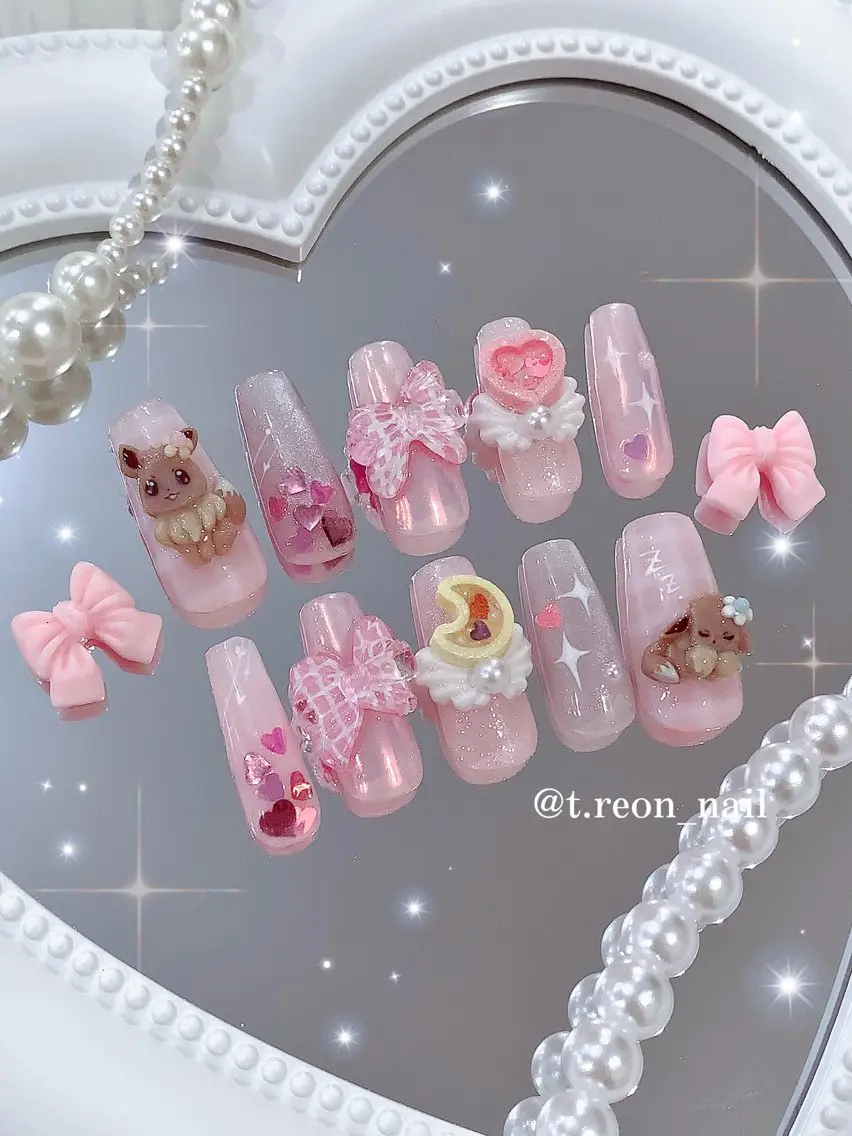 ネイル アートネイル マグネットネイル ピンク ぷっくりネイル リボン ハンドネイル 3Dアートネイル💗 都築レナのネイルデザイン
