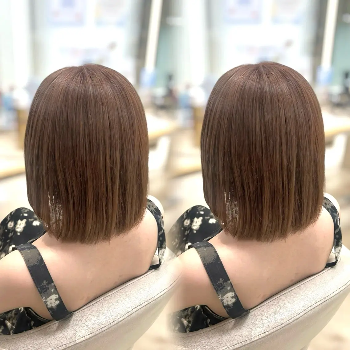 ショート カラー ベージュカラー ピンクカラー ピンクベージュ ヘアカラー トリートメント ヘアセット ベージュ/つや/ レイヤー／ゆいなのヘアスタイル