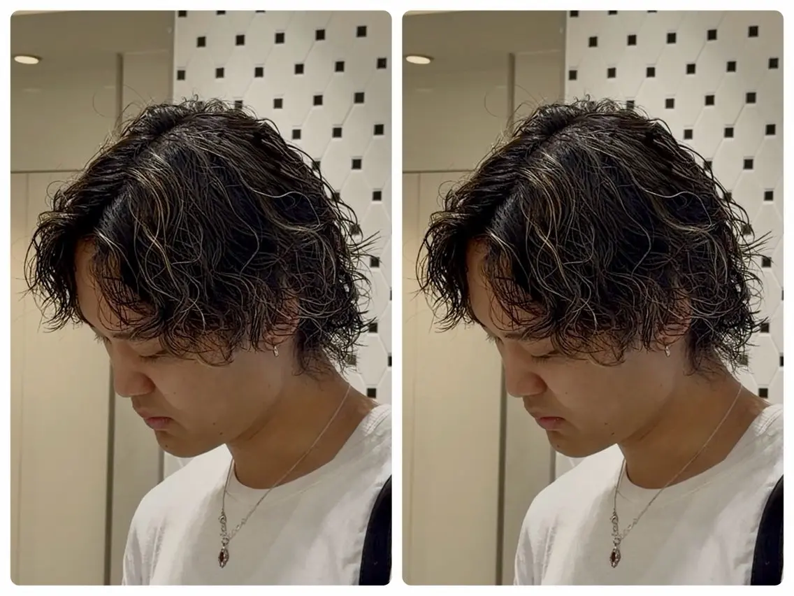 ミディアム メンズ ミディアムパーマ メンズハイライト メンズパーマ ハイライト カット ヘアカラー パーマ トリートメント 💈メンズ特化/ パーマ特化ren✂️のヘアスタイル