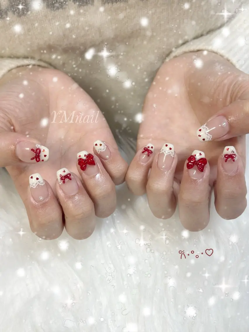 ネイル ボルドー ジェルネイル ハート リボン バレンタイン ハンドネイル YM nailのネイルデザイン