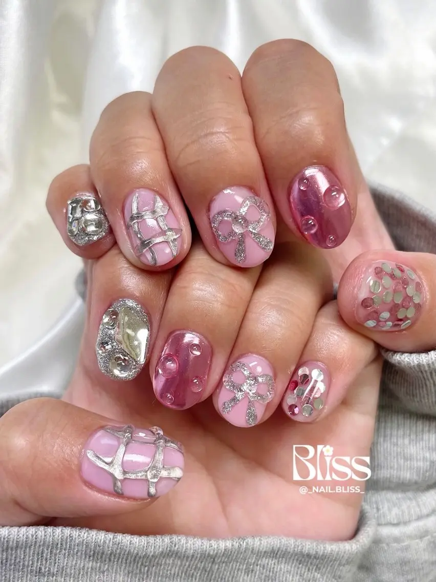 ネイル キラキラネイル 持ち込み ピンク シルバー ハンドネイル NAIL BLISSのネイルデザイン