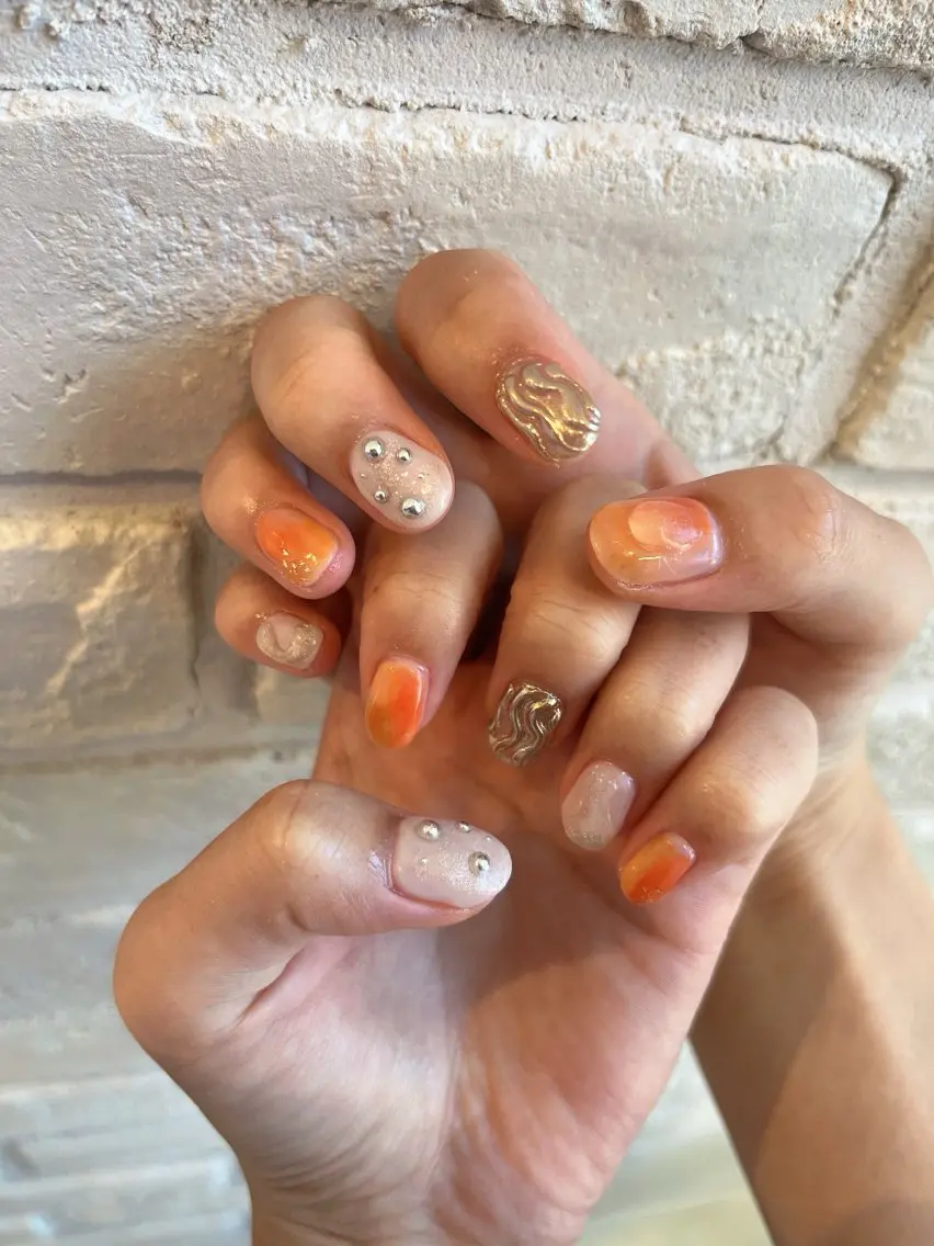 ネイル ミラーネイル 持ち込み ニュアンスネイル オレンジ ❀pom nail❀ aya.のネイルデザイン