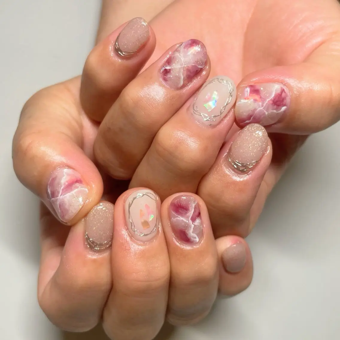 ネイル アートネイル 大理石ネイル(マーブル) ミラーネイル 31Nail FOOT careのネイルデザイン