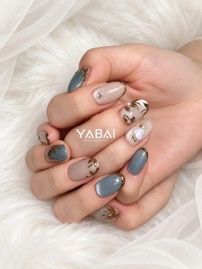 ネイル アートネイル ブルー ゴールド ミラーネイル ニュアンスネイル YABAI NailStudioのネイルデザイン