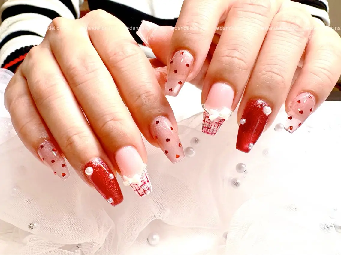 ネイル 持ち込み リボン スカルプネイル バレンタイン ワンホンネイル ハンドネイル dandelion nail北千住のネイルデザイン