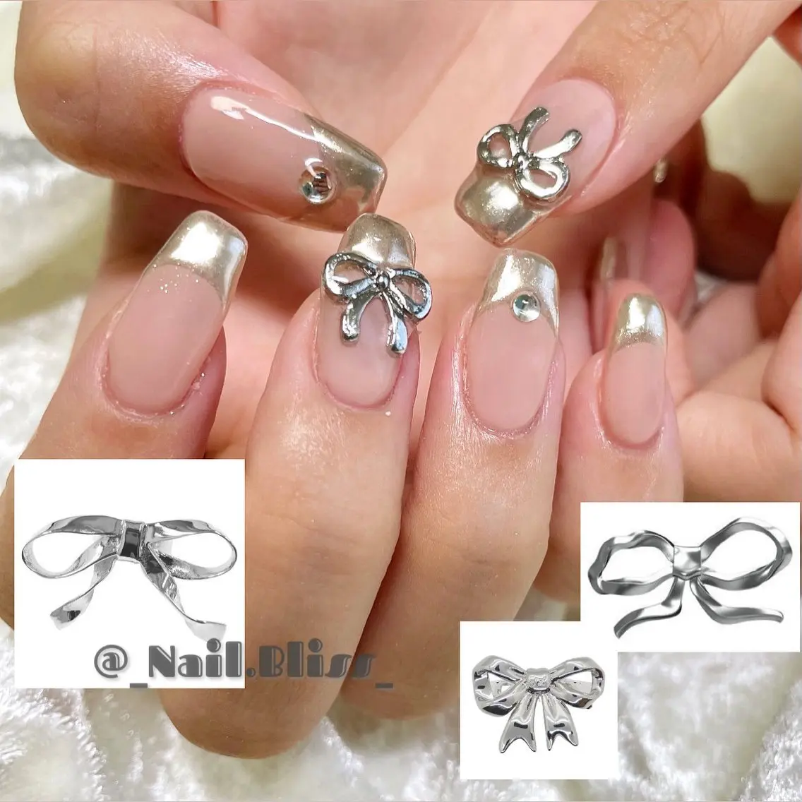 ネイル フレンチネイル ミラーネイル リボン シンプルネイル ハンドネイル NAIL BLISSのネイルデザイン