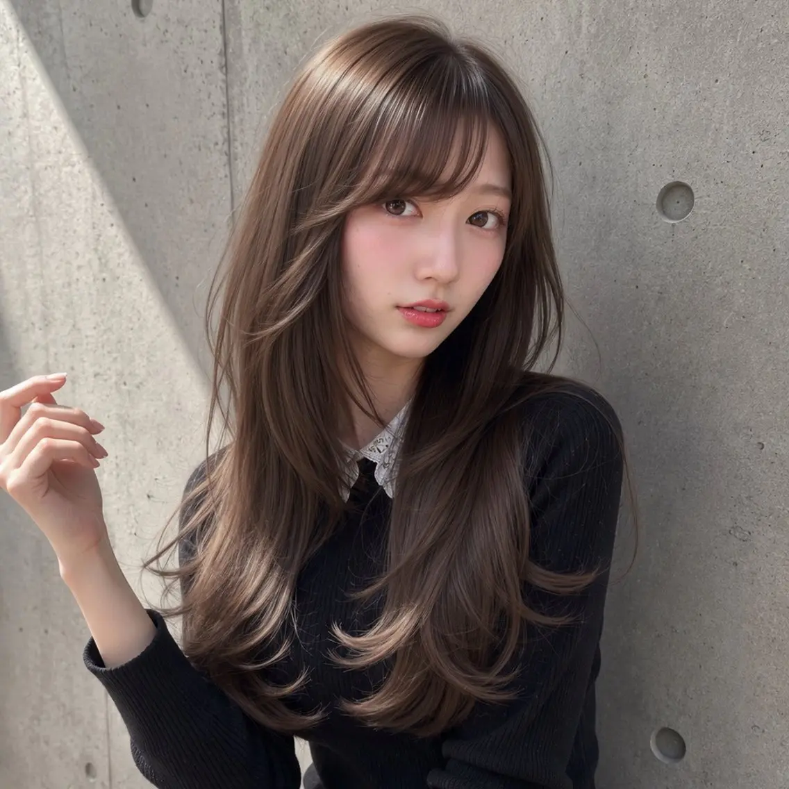 セミロング カラー 黒髪 透明感カラー グレージュ くびれヘア 顔まわりレイヤー カット ヘアカラー トリートメント ヘアセット 新宿/韓国レイヤー 髪質改善カラー/角所のヘアスタイル