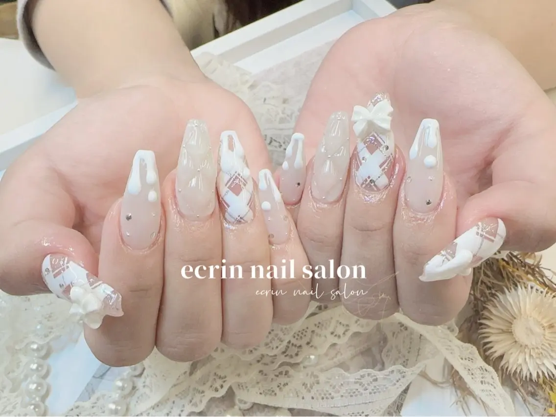 ネイル リボン ハンドネイル ハンドケア ecrin nail salon錦糸町のネイルデザイン