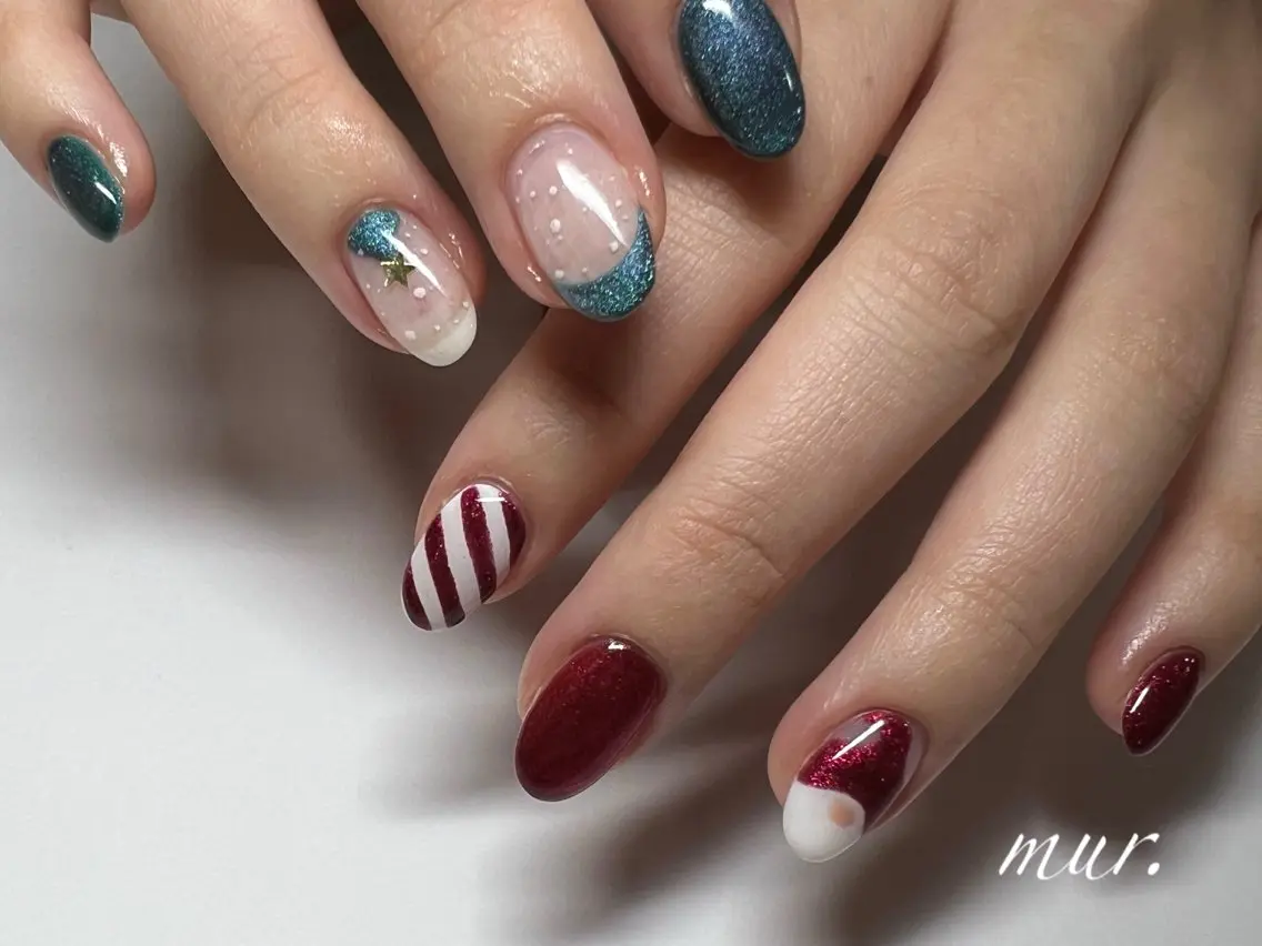 ネイル アートネイル フレンチネイル ジェルネイル グリーン ラメ(グリッター) nailsalon mur.のネイルデザイン