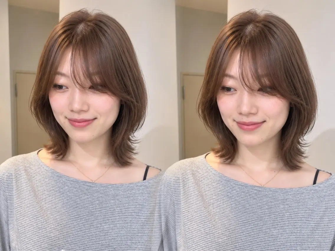 ミディアム カット ヘアカラー レイヤー/顔まわりカ ット/ハッシュカットのヘアスタイル