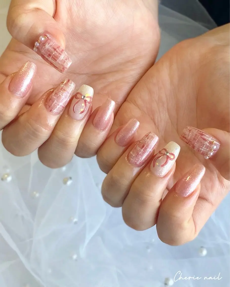 ネイル ジェルネイル ラメ(グリッター) ピンク リボン 春ネイル ハンドネイル Cherienail yunaのネイルデザイン