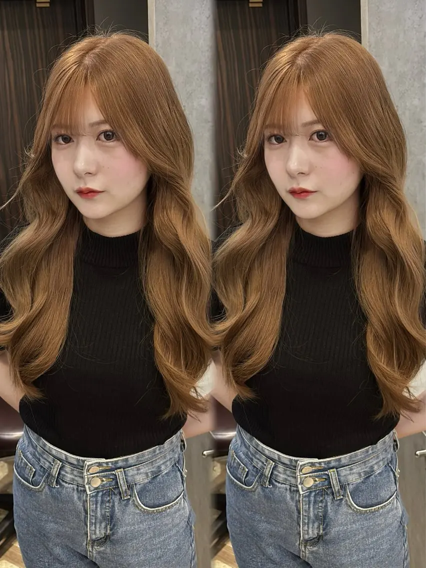 ロング 韓国風ヘア レイヤーカット ヘアカラー トリートメント ヘアセット 顔まわりレイヤー/諒 オリーブカラー/天神のヘアスタイル