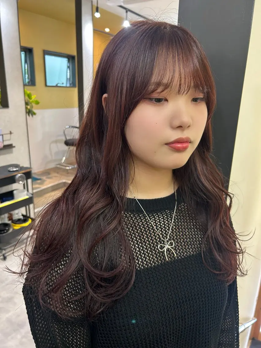 ロング カラー ブリーチ ブリーチなしカラー レッドカラー hubhair レイヤー/透明感のヘアスタイル
