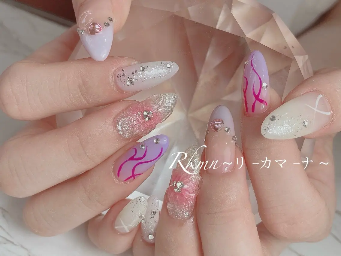 ネイル アートネイル フラワーネイル フレンチネイル パープル 春ネイル ハンドネイル フットネイル ハンドケア Rkmn ~リ-カマ-ナ~のネイルデザイン