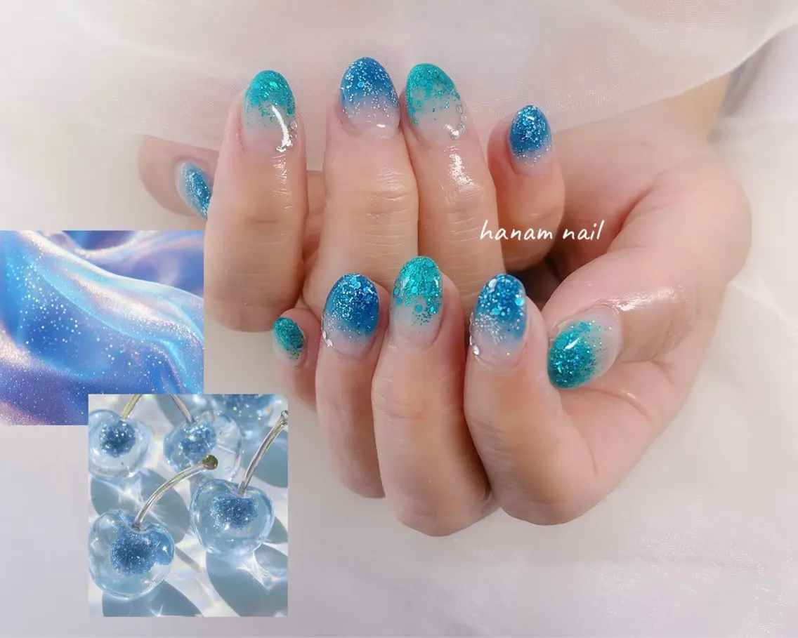 ネイル グラデーション ラメ(グリッター) ラメグラデーション ハンドネイル hanam nail 🌿🩵ハナムネイルのネイルデザイン