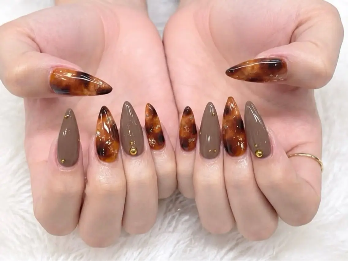 ネイル べっ甲ネイル ボルドー ブラウン チークネイル 長さ出し ハンドネイル NEW NAIL💞 yuki🔥のネイルデザイン