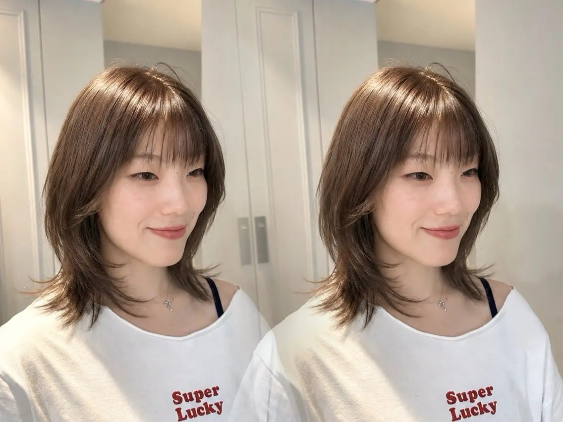 ミディアム カット ヘアカラー レイヤー/顔まわりカ ット/ハッシュカットのヘアスタイル