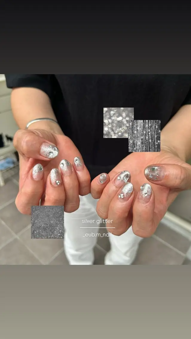 ネイル ラメ(グリッター) ラメグラデーション シルバー 夏ネイル ハンドネイル 深夜ネイルサロン eub.m_nailのネイルデザイン