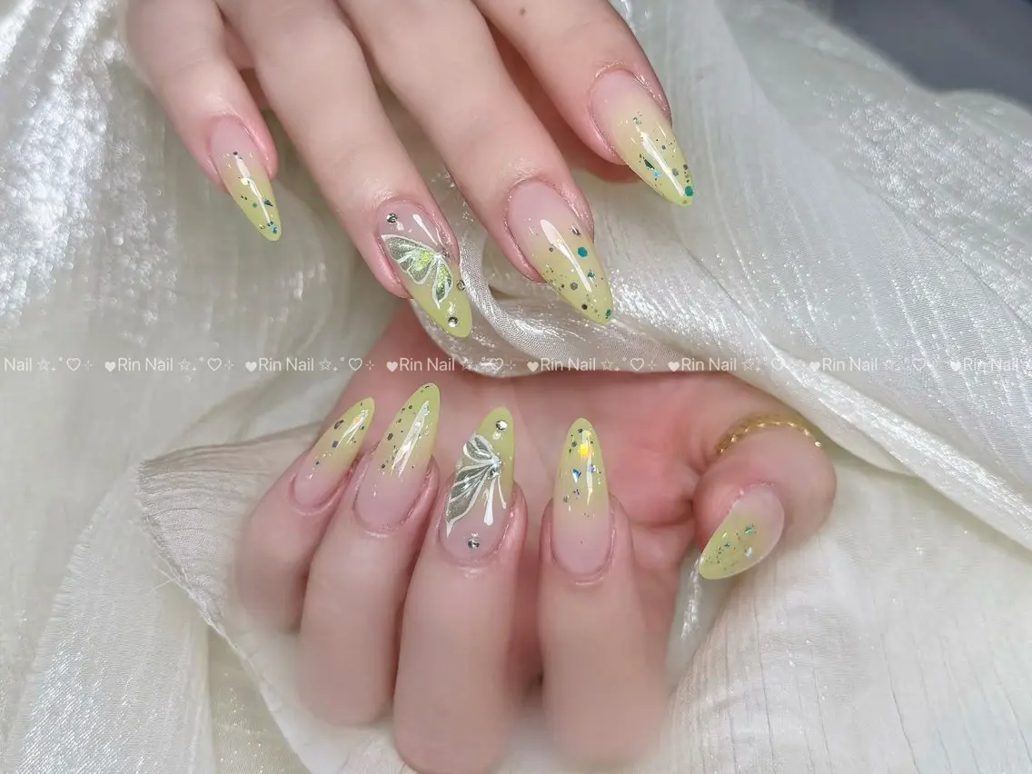 ネイル ブルー ジェルネイル ガーリー グラデーション グリーン ハンドネイル Rin Nail 新大久保店のネイルデザイン