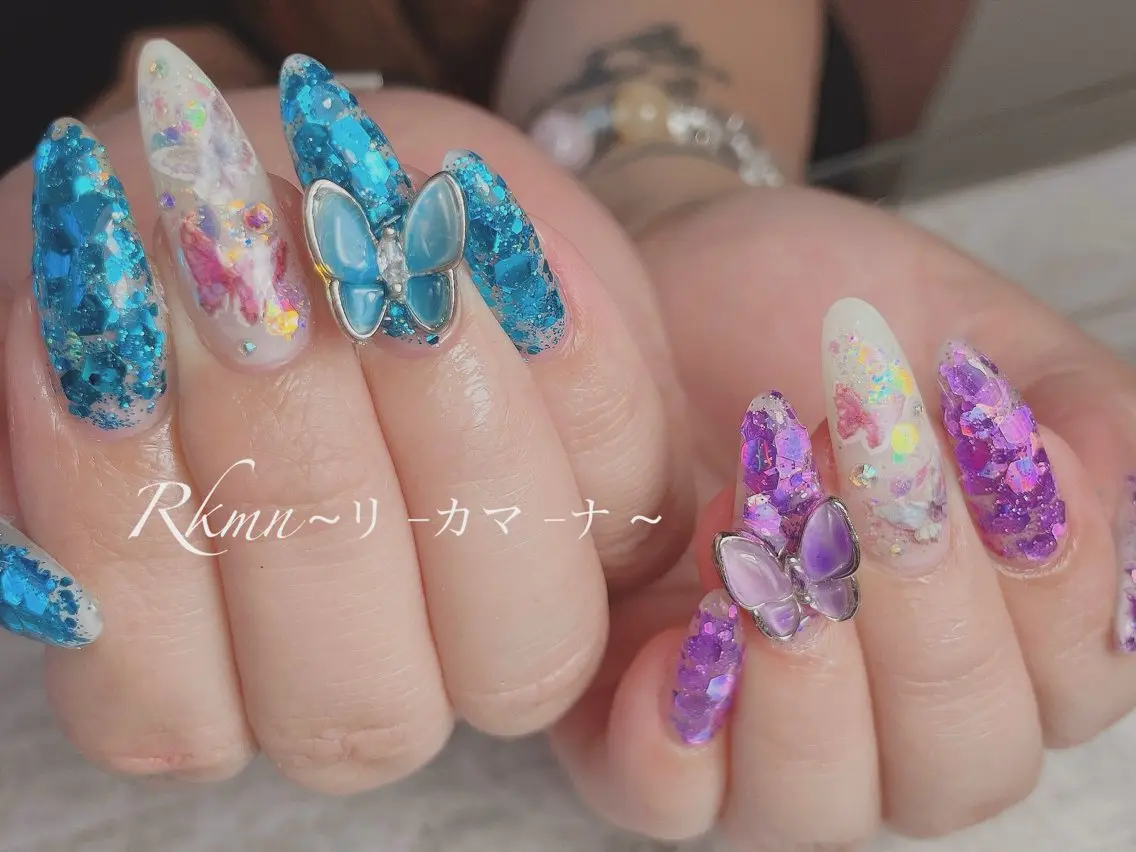 ネイル アートネイル ラメ(グリッター) 水色 パープル 春ネイル ハンドネイル フットネイル ハンドケア Rkmn ~リ-カマ-ナ~のネイルデザイン